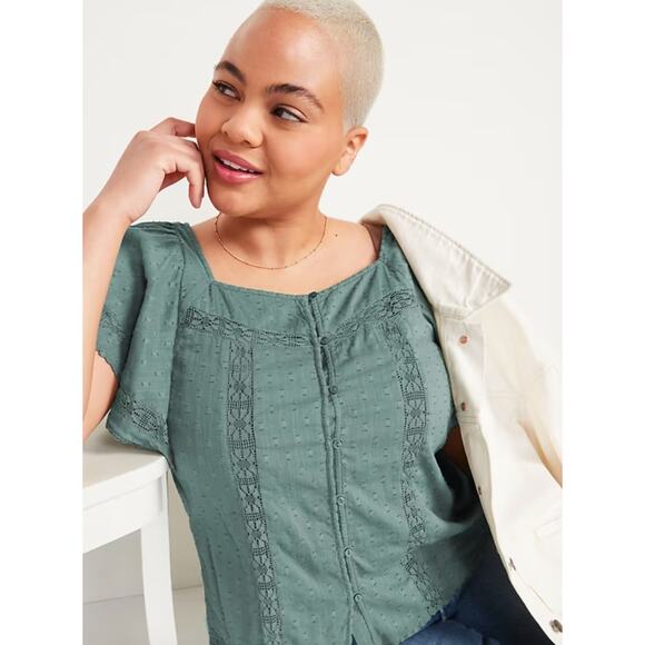 Old Navy Oversized Clip-Dot Crochet-Lace Button-Front Blouse‎ Spa Green Size XXL - Picture 1 of 11